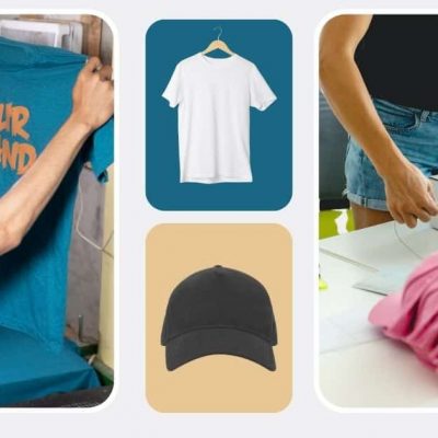 A collage of merchandising images showcases various branded items. To the left, a person is shown holding a blue T-shirt with "YOUR BRAND" printed on it. Positioned top center is a white T-shirt displayed on a hanger, while bottom center features a black cap. On the right, another individual is packing a box against a backdrop of neatly stacked and folded T-shirts.