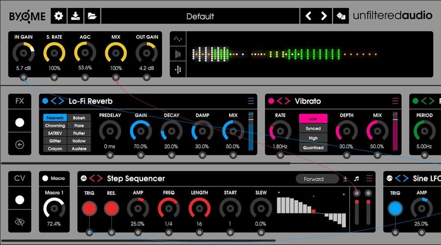 The interface of Unfiltered Audio's BYOME plugin is displayed in a screenshot, showcasing a variety of modules, including Lo-Fi Reverb, Vibrato, Step Sequencer, and Sine LFO. Each module features vibrant knobs and buttons that allow users to tweak parameters such as mix, decay, speed, and wave shape.