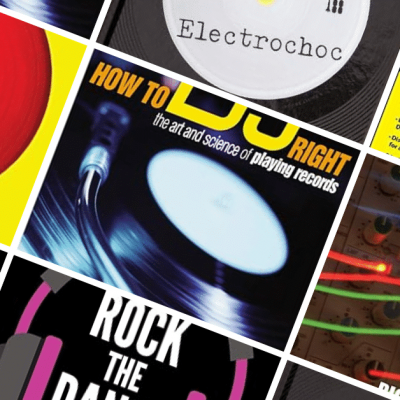 The collage showcases various DJ-related book covers, with prominent titles such as "How to DJ Right," "Rock the Dancefloor," "Music Manual," and "Electrochoc." It features vibrant colors and images of vinyl records, DJ equipment, and artistic designs.