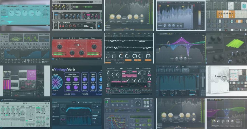 A colorful array of 25 software audio plugins and digital interfaces is featured, highlighting equalizers, compressors, reverbs, synthesizers, and visualizer tools. This collage showcases the diverse color schemes, detailed dials, intricate graphs, and numerous parameters integral to audio production and sound engineering.