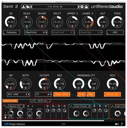 A screenshot showcases the Dent 2 plugin by Unfiltered Audio, available from Plugin Alliance. Various controls are evident on the interface, including options for bias, shape, split, upper x, lower x, and trim. Waveform visualizations occupy the middle section of the display. Below these visualizations lie modulation options and additional settings.