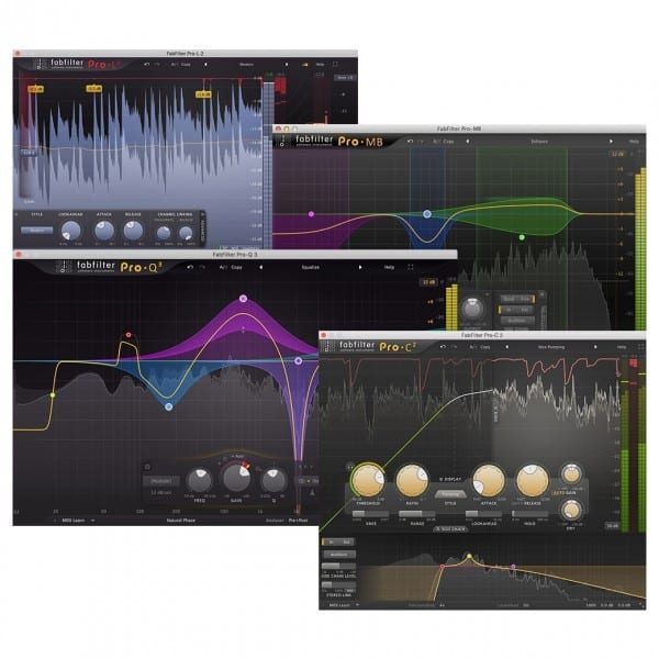 Displayed is a collage of screenshots of Fabfilter plugins from the Mastering bundle. The various user interfaces show equalization, compression, and modulation tools with waveforms, frequency spectrums, and control knobs on a dark-themed background.