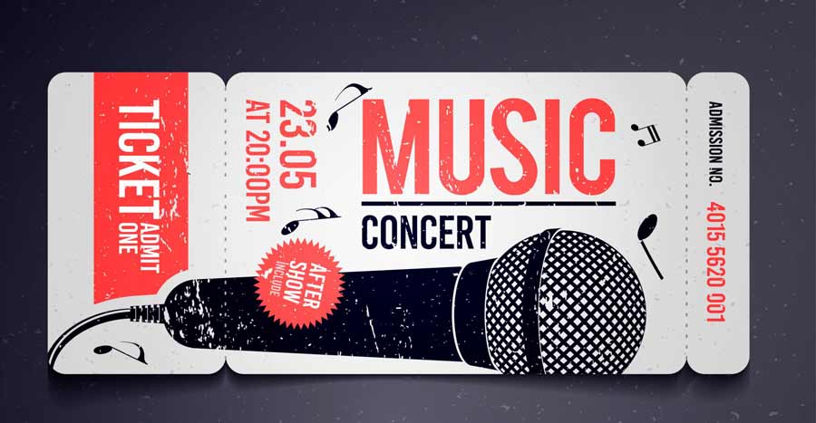 A vintage-style ticket for a music concert showcases a large microphone and music notes, complementing the text "TICKET, ADMIT ONE." Scheduled for the 23rd of May at 20:00 PM, this ticket includes a red badge indicating an after-show event. Admission number printed as 4015 5620 001 finalizes the design.