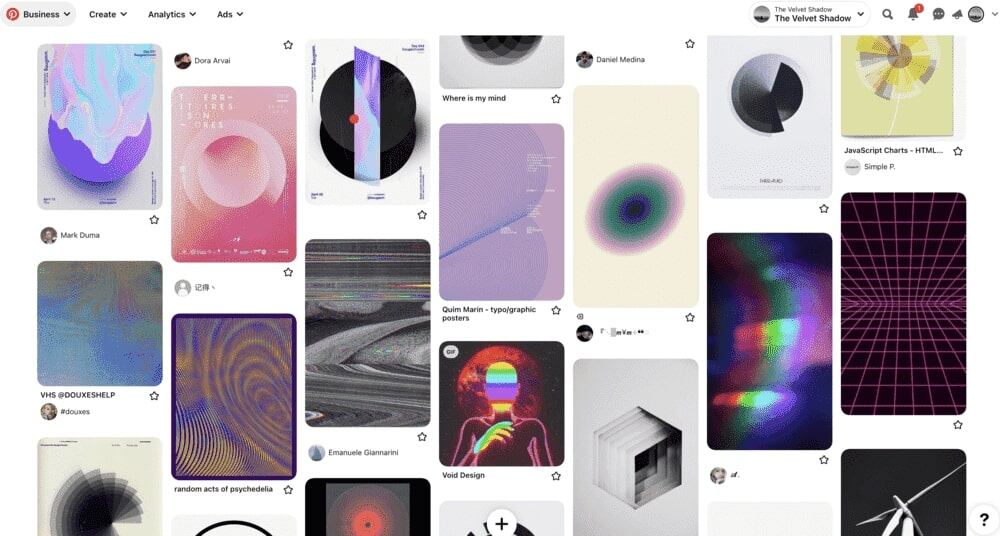 A Pinterest board displays a collection of abstract digital art. The designs include colorful gradients, geometric shapes, and glitch art. Various usernames appear below the pins, alongside options to save or like each piece.