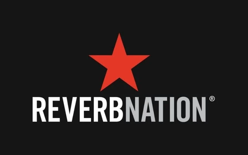 The ReverbNation logo is depicted with a large red star positioned above the word "REVERBNATION," which is written in bold, white and grey uppercase letters. The entire design contrasts against a black background.
