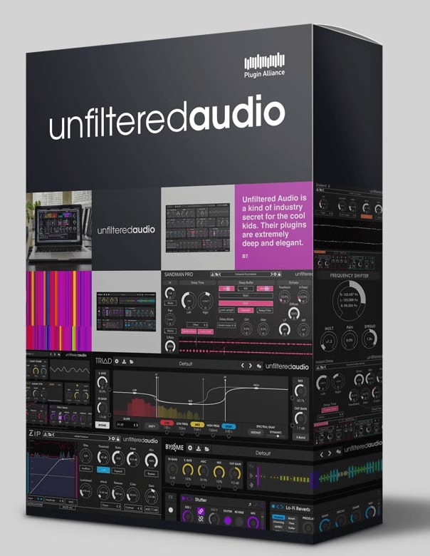A box showcasing Unfiltered Audio software from Plugin Alliance is seen, prominently featuring screenshots of various audio interfaces, vibrant graphics, and descriptive text. The packaging highlights the software as "industry secret for the cool kids" and emphasizes its "deep and elegant" plugins.