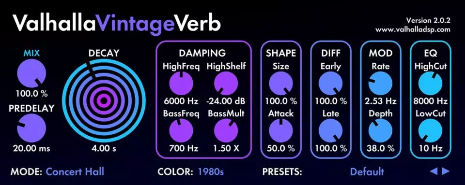 The Valhalla VintageVerb reverb plugin interface shows various controls including mix, decay, predelay, damping, shape, diffusion, modulation, and EQ. The reverb mode is set to "Concert Hall," with the color option of "1980s." The version displayed is 2.0.2.