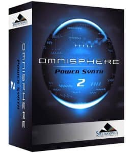 The packaging of Omnisphere 2, a software synthesizer by Spectrasonics, prominently features a black box adorned with blue accents. Central to the design is a graphic of a blue sphere with white text that announces "Omnisphere 2 Power Synth." The Spectrasonics logo is positioned at the bottom of the box.