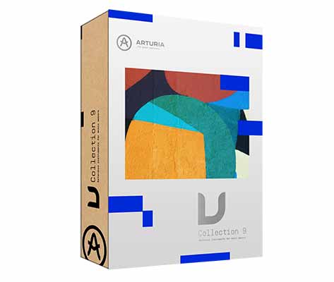 The packaging features a white box with blue accents and showcases abstract geometric artwork prominently in the center. Branded “Arturia V Collection 9” on the front, it also displays the Arturia logo in both the top left and bottom left corners.