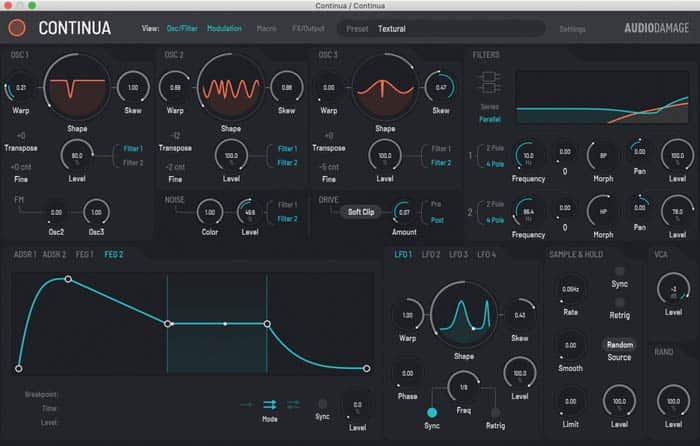 A screenshot of the Continua synthesizer plugin interface showcases numerous controls and settings for oscillators, filters, and modulation. The design features graphs, dials, and sliders against a dark background with vibrant accents.