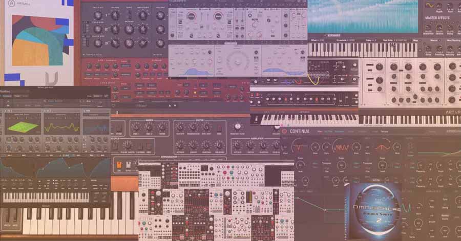 A collage of various digital audio software interfaces and synthesizers, including virtual keyboards, control panels, and waveforms. The image features a mix of software brands, displaying a range of music production tools and audio editing options.
