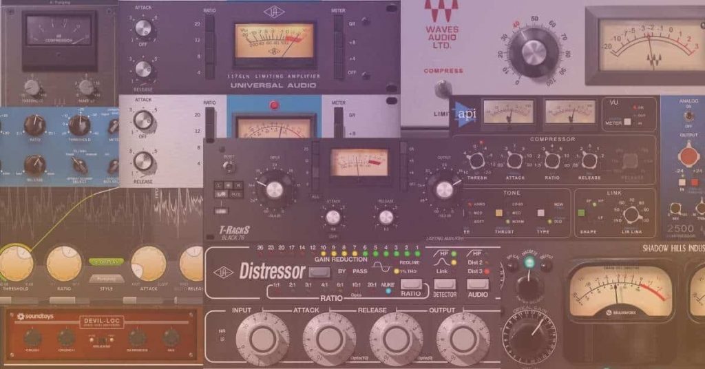 A collage of various audio compression hardware units and software interfaces, featuring brands like Universal Audio, Waves Audio, and Shadow Hills Industries, showcases an array of knobs, dials, meters, and other controls used in audio signal processing.