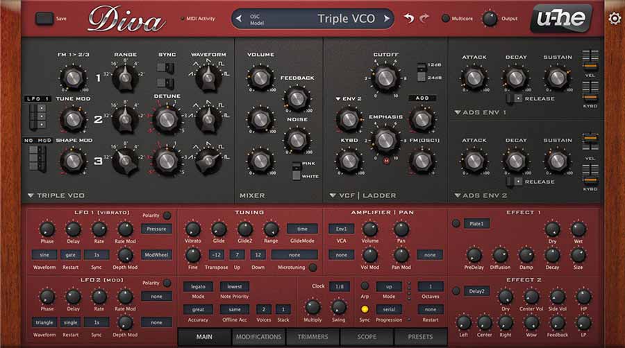 The interface of the U-He Diva synthesizer software is designed to resemble a vintage analog synthesizer, featuring numerous knobs, buttons, and switches for controlling different parameters such as tuning, mixer, filter, amplifier, and effects.