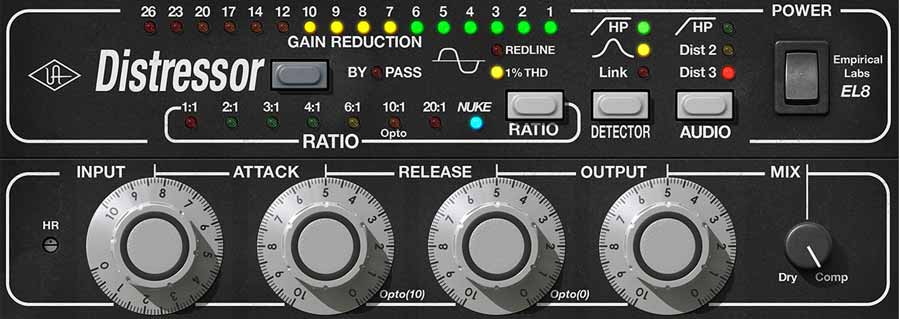 Screenshot of "Distressor" by Empirical Labs showcases various controls, including input, attack, release, output, and mix knobs. Also visible are LEDs for gain reduction and ratio settings. The device features switches for HP, Dist, link, detector, and audio functions.