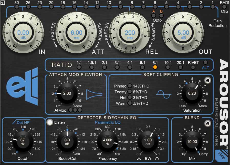 Screenshot of the "Arousor by Empirical Labs" is displayed, featuring knobs for adjusting input, attack, release, ratio, and output among other parameters. The interface also includes various buttons and a graphical display designed for fine-tuning audio compression settings.
