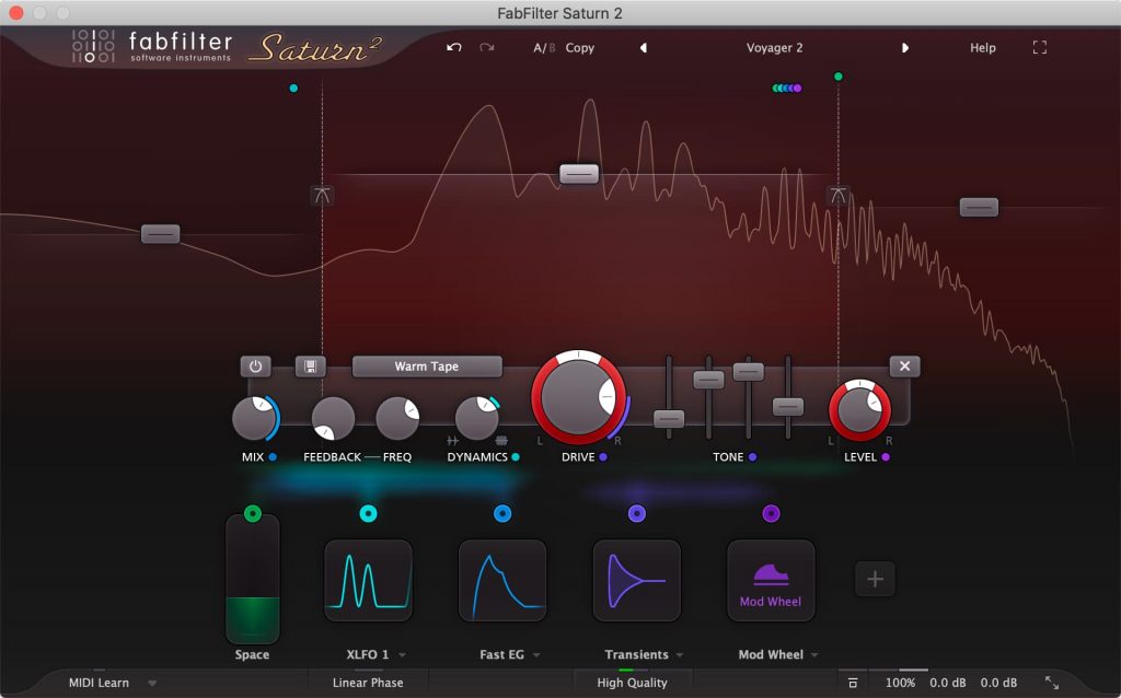 The user interface of the FabFilter Saturn 2 plugin presents an array of controls, such as knobs for adjusting drive and level, sliders for managing mix, feedback, frequency (freq), dynamics, and tone. Additionally, it includes visual wave displays to monitor audio modulation.