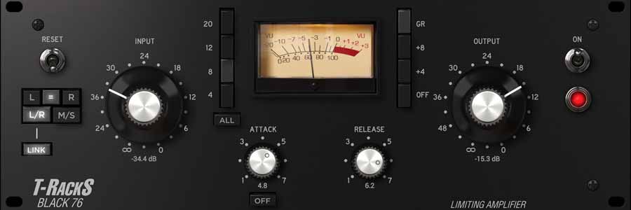Screenshot of a T-RackS Black 76 limiting amplifier is displayed, showcasing input and output knobs, a central VU meter, attack and release knobs, and various buttons for settings. The unit's sleek black design is complemented by an illuminated red button on the right.