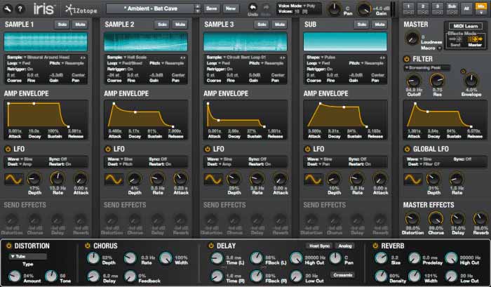 A screenshot of iZotope Iris 2, a software synthesizer interface, showcases four sample slots equipped with customizable amp envelopes and LFOs. The bottom section features tabs for distortion, chorus, delay, and reverb effects. On the right side of the interface lies a master control section.