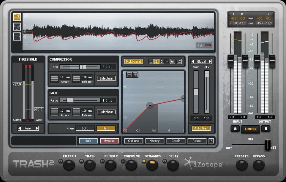 Displayed is the user interface of the audio plugin "Trash 2" by iZotope. It features controls for threshold, compressor, gate, and an array of filters. The interface also includes sliders, knobs, buttons, and a waveform display dedicated to audio processing and effects.