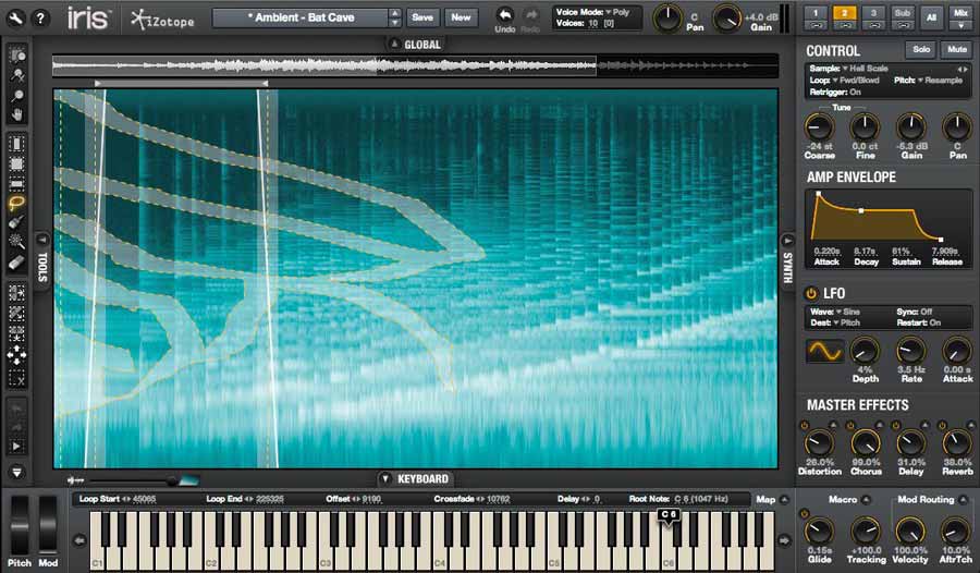 The screenshot of iZotope Iris, an audio plugin with a spectral sound design interface, showcases the main display featuring a sound spectrogram. On the right side of the interface, various control panels are displayed, including options for Control, Amp Envelope, LFO (Low-Frequency Oscillator), and Master Effects. Below these panels is a virtual keyboard for user interaction with the software.