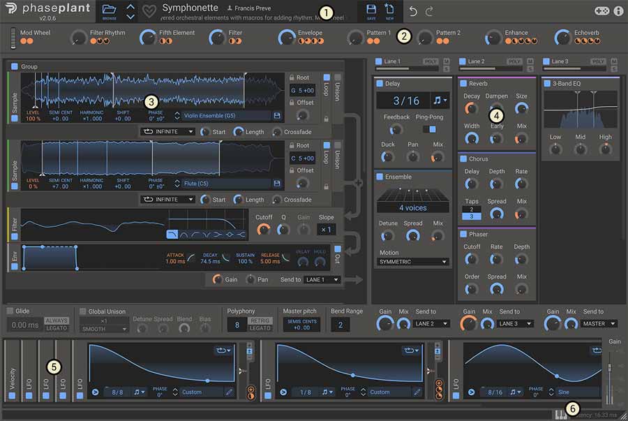 Visible on the Phase Plant plugin interface are various controls and sections dedicated to sound synthesis. It includes waveform displays, modulation settings, filters, effects sections, and numerous knobs for adjusting sound parameters. The overall design of the interface is dark and intricately detailed.