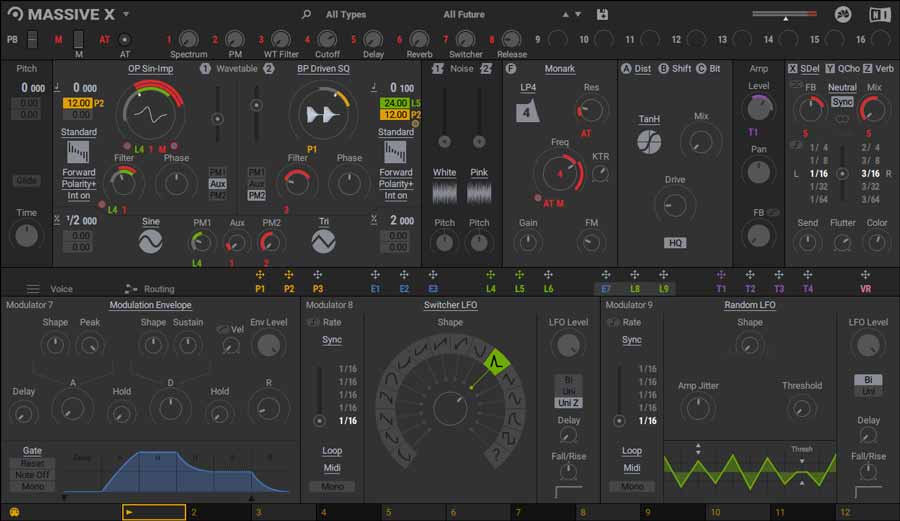 Screenshot of the Massive X synthesizer interface highlights a range of modulation controls, oscillators, and a virtual keyboard. Key elements include the modulation envelope, LFOs, pitch modulation, and various knobs for shaping sound parameters.