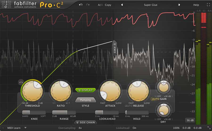 A screenshot of the FabFilter Pro-C2 compressor plugin interface depicts knobs for threshold, ratio, attack, release, and knee among other controls. A graph presents the audio waveform alongside gain reduction levels. Meters situated on the right-hand side indicate input, output, and gain reduction levels.