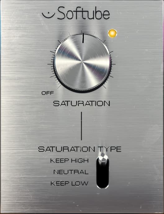 A close-up of Sturation Knob by Softube showcases a large, central knob labeled "Saturation" with "Off" on the left and an orange indicator light on the top right. Below is a switch for selecting saturation type: "Keep High," "Neutral," and "Keep Low.