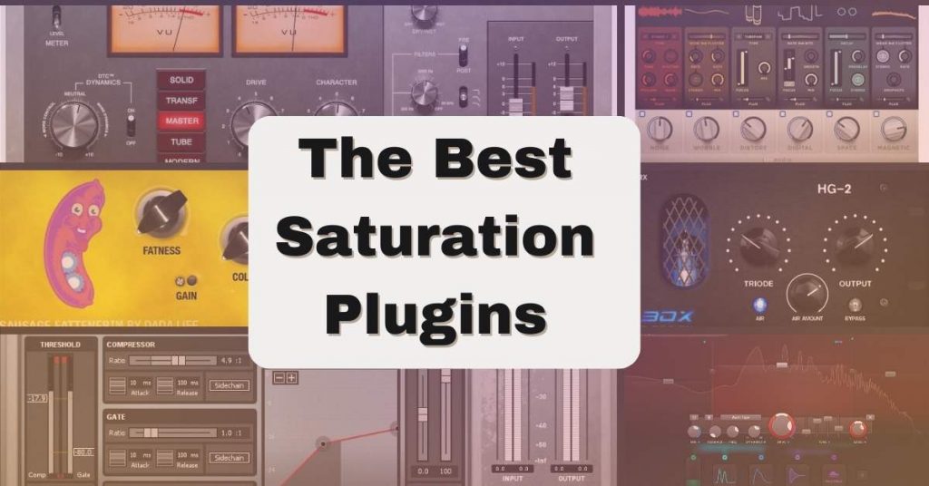 A visual display features an array of audio plugins dedicated to music production, highlighted by the central text "The Best Saturation Plugins." The showcased plugins are equipped with numerous control knobs, meters, and graphical user interfaces. The background presents a slightly blurred effect for added emphasis on the plugins.
