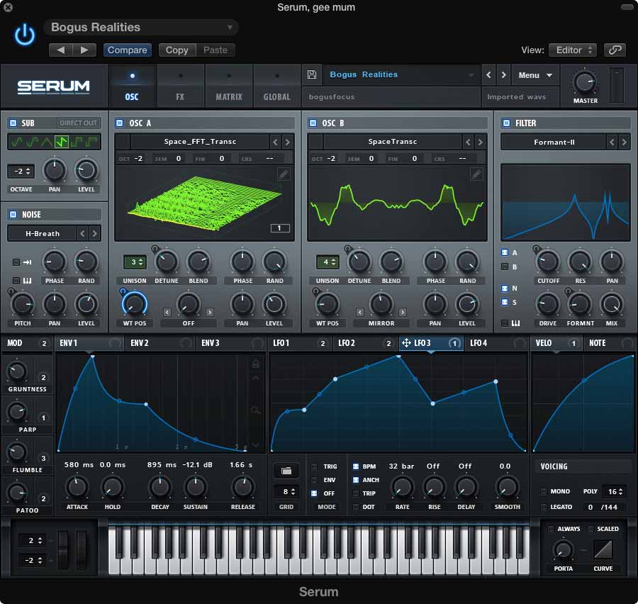 The Serum synthesizer plugin interface is depicted, featuring diverse controls such as oscillators, filters, envelopes, and LFOs. Various waveform visualizations are visible on the screen alongside an array of knobs and buttons designed for sound manipulation.