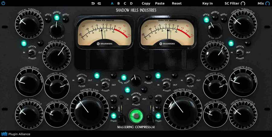 Screenshot of the Shadow Hills Industries mastering compressor showcases two prominent VU meters, a variety of knobs for adjusting input, output, threshold, attack, and release parameters. 
