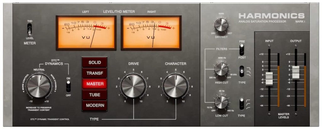Depicted is Softube Harmonics analog saturation processor complete with two VU meters, knobs for settings like Drive, Character, Type, and Output, as well as switches for dynamics and filter adjustments. The device bears the Mark I designation.