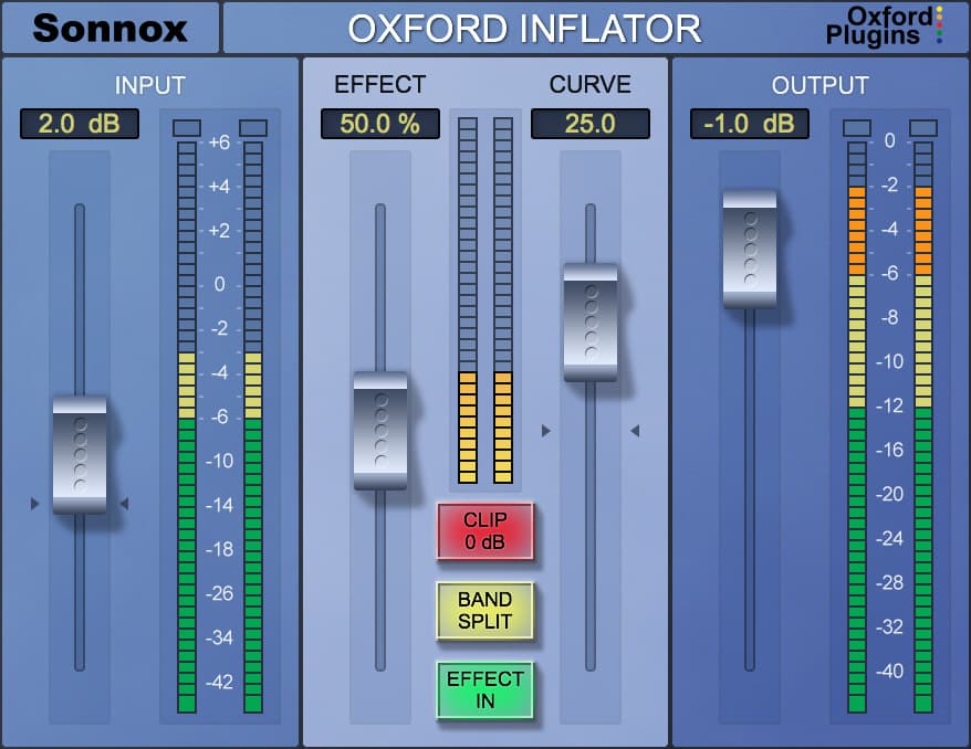 The screenshot of the Oxford Inflator plugin by Sonnox displays adjustable controls for input, effect, and output levels, using vertical sliders accompanied by numeric values. Additionally seen are buttons for clip, band split, and a toggle button labeled "effect in," alongside visual meters representing each section.