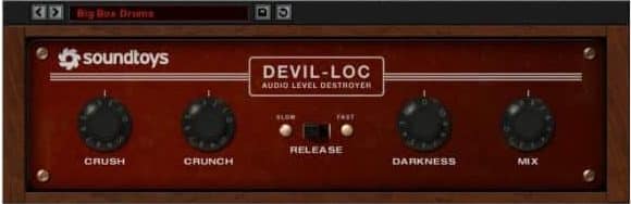 Screenshot of Devil-Loc Audio Level Destroyer by Soundtoys showcases a red panel encased in a wood-textured border. It features four large control knobs labeled Crush, Crunch, Darkness, and Mix. At its center lies a button for adjusting the release speed between Slow and Fast.