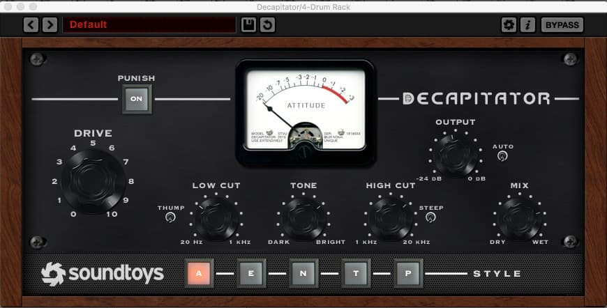 The screenshot of the Decapitator effect plugin by Soundtoys interface, featuring controls for Drive, Low Cut, Tone, High Cut, Output, Mix, and various Style options (A, E, N, T, P). Additionally present are a "Punish" button for increased intensity and a VU meter labeled "Attitude."