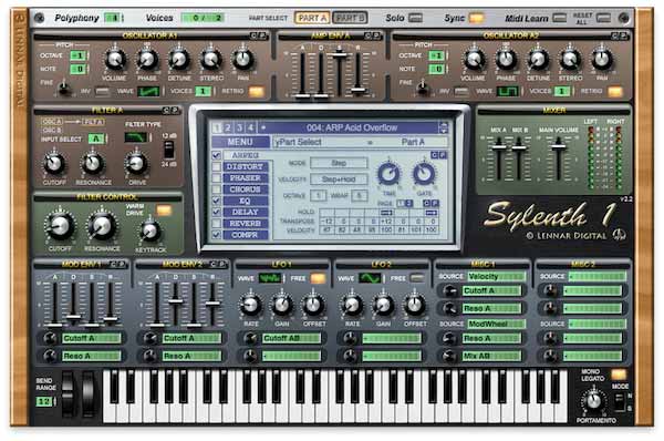 The Sylenth1 virtual synthesizer interface features a screen displaying a menu with various parameters such as Arpeggiator, Delay, and Reverb. It incorporates multiple controls, dials, sliders, along with a virtual keyboard positioned at the bottom of the interface.