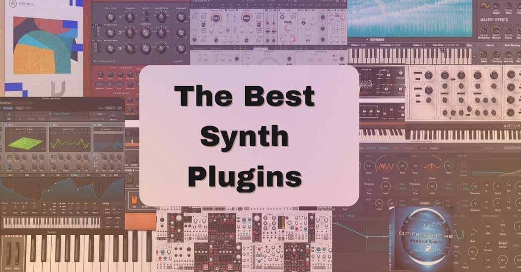 A collage of various synthesizer plugin interfaces features the text "The Best Synth Plugins" in bold, centered on a white background. Different virtual synthesizer software designs and their colorful, detailed graphical user interfaces are showcased.