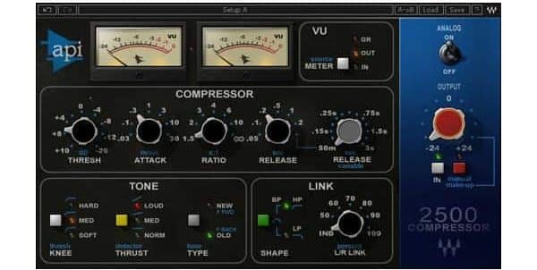 The API 2500 Compressor plugin interface showcases VU meters prominently, accompanied by controls for threshold, attack, ratio, and release settings. Additional adjustments include options for tone and link settings. The interface is also equipped with an analog on/off switch and a large red output knob.