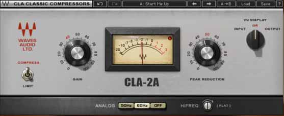 Screenshot for the Waves Audio LTD CLA-2A compressor showcases gain and peak reduction knobs positioned on either side of a central VU meter. Included are switches for analog settings and limiting options, along with buttons for power and a toggle dedicated to high-frequency emphasis.