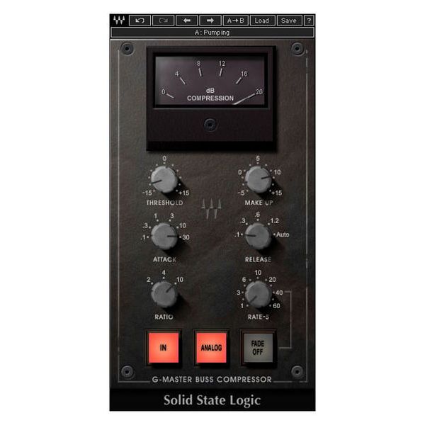 The interface of Solid State Logic's G-Master Buss Compressor plugin showcases controls for threshold, attack, release, ratio, make-up gain, and a compression meter. At the bottom of the interface are buttons labeled In, Analog, and Fade Off.