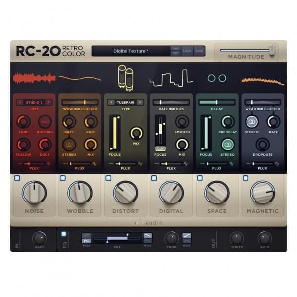 Screenshot of "RC-20 Retro Color" by XLN Audio, featuring six primary effect modules: Noise, Wobble, Distort, Digital, Space, and Magnetic. Knobs and sliders populate each module to allow for precise adjustment of various audio parameters.