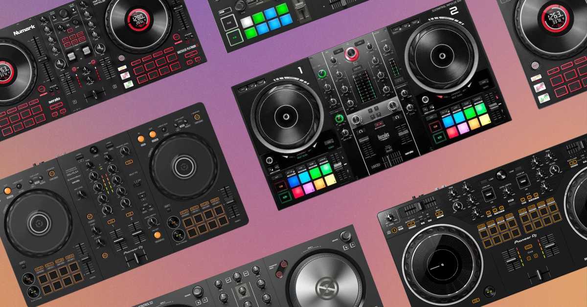 Displayed is a variety of DJ controllers set against a gradient background transitioning from purple to orange. These controllers showcase diverse designs, equipped with multiple buttons, knobs, and sliders. Additionally, they feature jog wheels and colorful pads essential for mixing music.