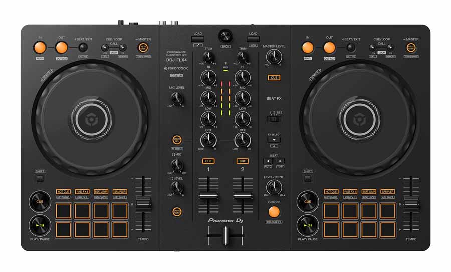 A top-view photo of the Pioneer DDJ flx4 controller showcases dual jog wheels alongside countless buttons, sliders, and knobs used for mixing, effects, and navigation. The controller boasts a predominantly black design accented with orange highlights and white text that labels the various controls.