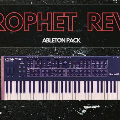 A Prophet Rev 2 synthesizer keyboard is depicted with the text "PROPHET REV 2" prominently displayed in large red letters at the top. Below this, "Ableton Pack" is written, flanked by logos for "Recorded to tape" and "thevelvetshadow" at the bottom corners. The entire composition rests against a black textured backdrop.
