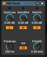 Screenshot of Ableton Rack "EQ Three",  displays three gain knobs designated for low, mid, and high frequencies, all currently set to 0.00 dB. Positioned below these are frequency selector knobs—one set at 250 Hz for the low frequency and another at 2.50 kHz for the high frequency. Additionally, a switch situated in the center offers two settings: "24" and "48.