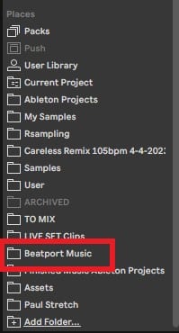 The screenshot displays Ableton's file browser with various folders related to music production. Highlighted in red is a folder labeled "Beatport Music." Other visible folder names include "My Samples," "Ableton Projects," and "User Library.