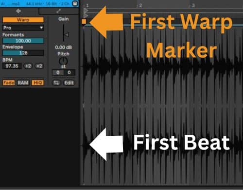 Ableton shows a waveform accompanied by two notable labels. A large orange arrow, labeled "First Warp Marker," directs attention to a yellow marker within the waveform. Meanwhile, a large white arrow, labeled "First Beat," highlights the initial beat of the audio segment.