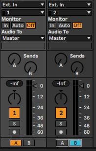 A screenshot displays audio tracks 1 & 2 within Ableton. At the bottom of the track's faders are the A/B crossfade selector buttons. Track one has A selected and track tow B.