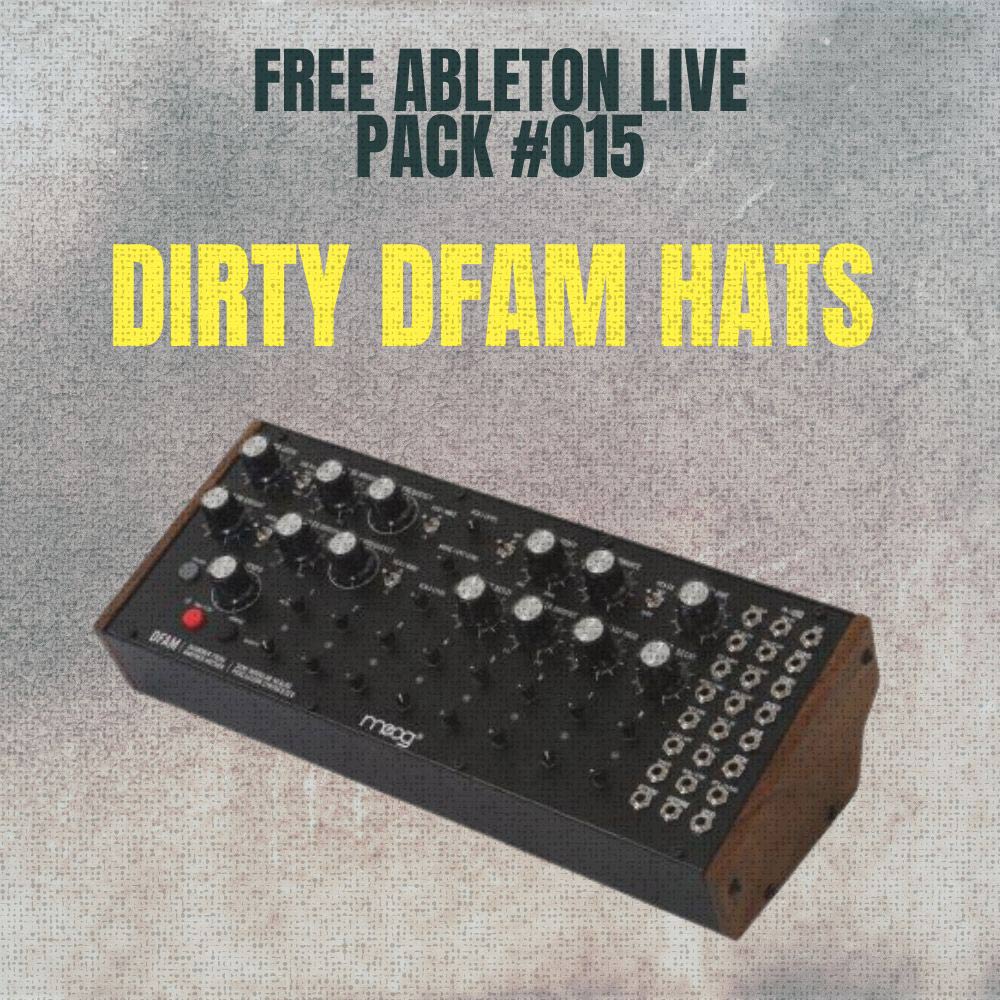 The text "Free Ableton Live Pack #015" and "Dirty DFAM Hats" appears above a Moog synthesizer, which boasts numerous knobs and buttons on its panel, complemented by a wood finish on its sides.