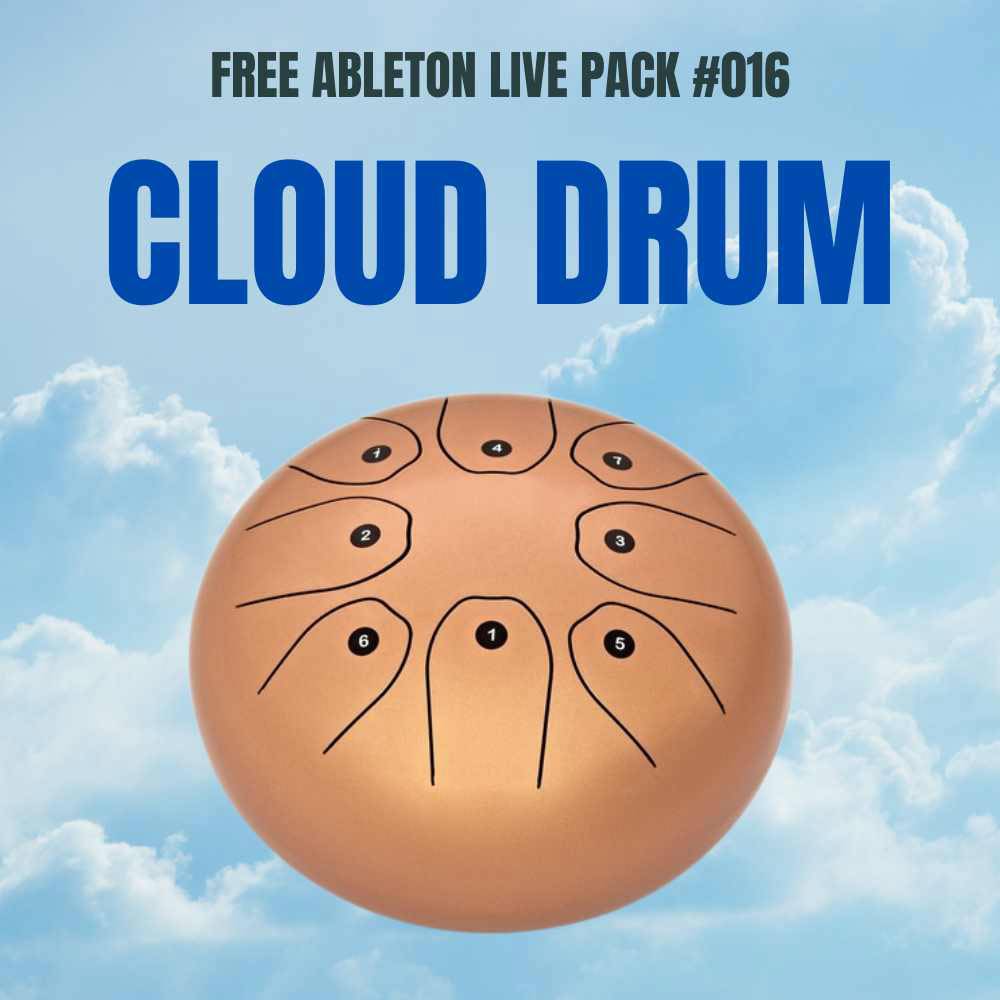 Promoting a free Ableton Live Pack #016 titled "Cloud Drum," the image showcases a tan-colored drum with numbered percussion pads, all set against a backdrop of a cloudy blue sky.